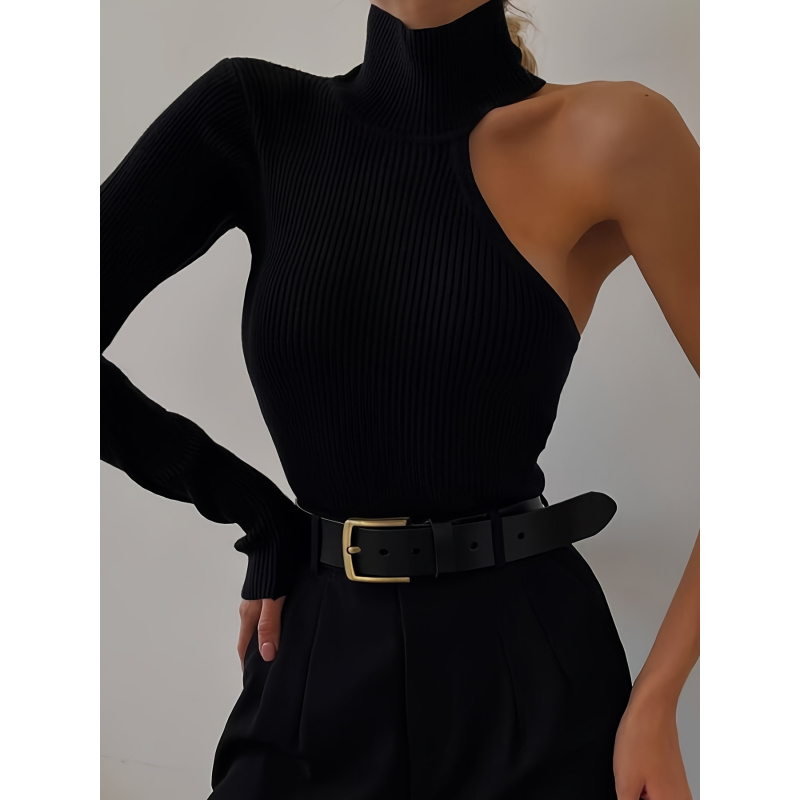 Winter Clothing For Women - Solid Asymmetric One Shoulder Ribbed Knit