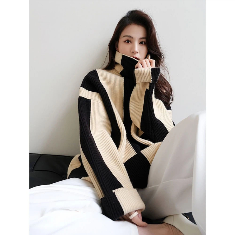 Winter Clothing Korean - Lazy Style Striped Contrast Loose Pullovers