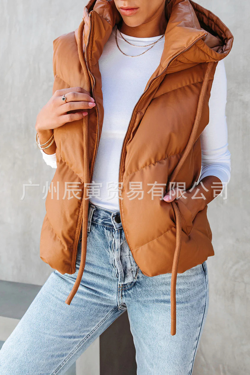 Women's Solid Color Hooded Pad - Padded Vest Gilet 评论和价格