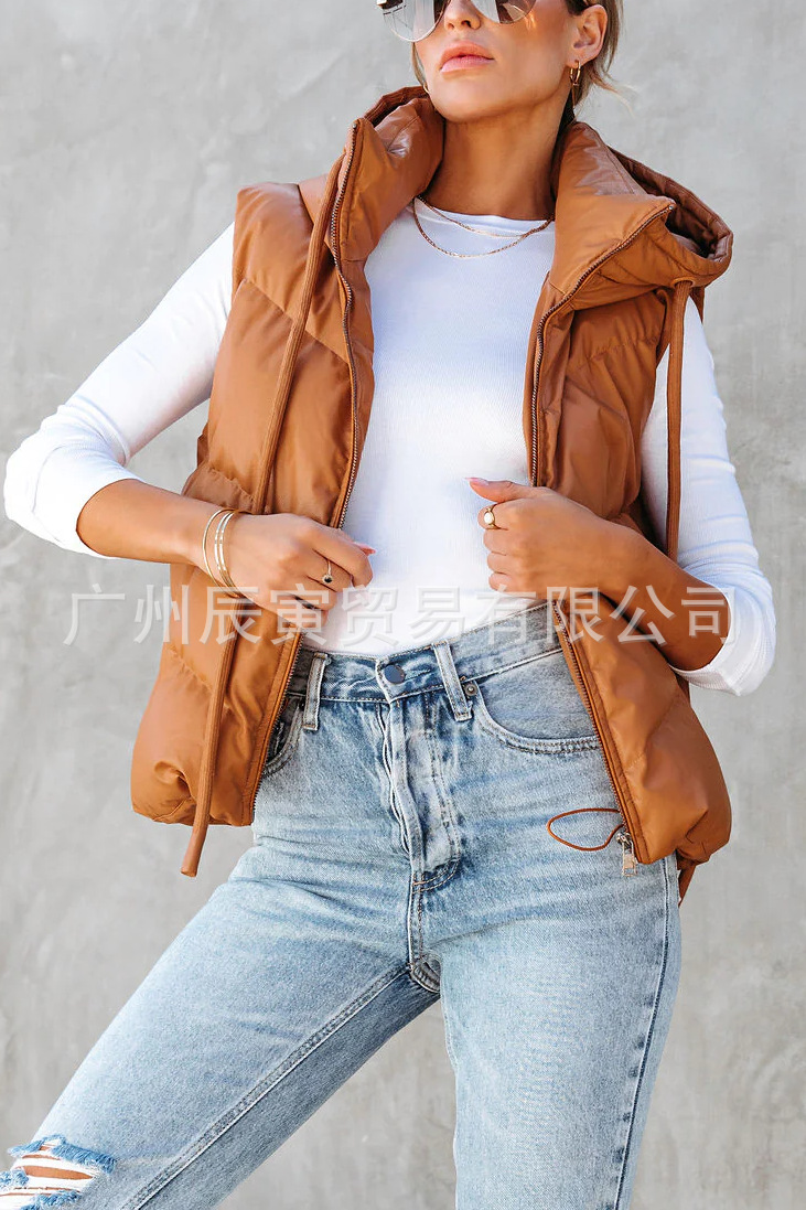 Women's Solid Color Hooded Pad - Padded Vest Gilet 评论和价格