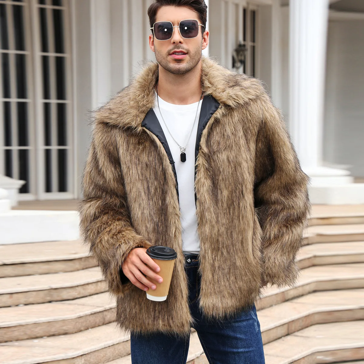 Men Faux Fox Fur Jacket Coat W - Winter Clothing Uae 评论和价格