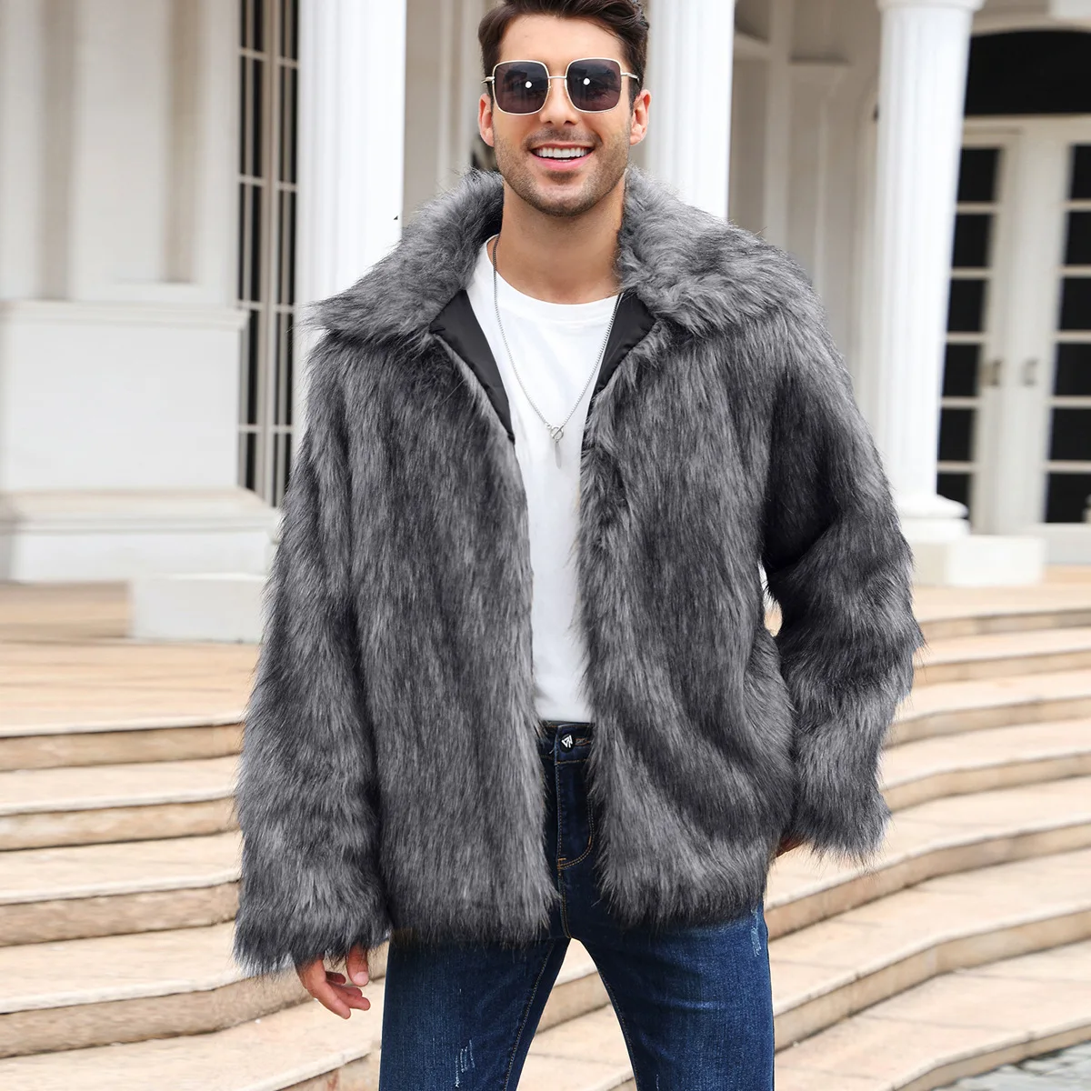 Men Faux Fox Fur Jacket Coat W - Winter Clothing Uae 评论和价格